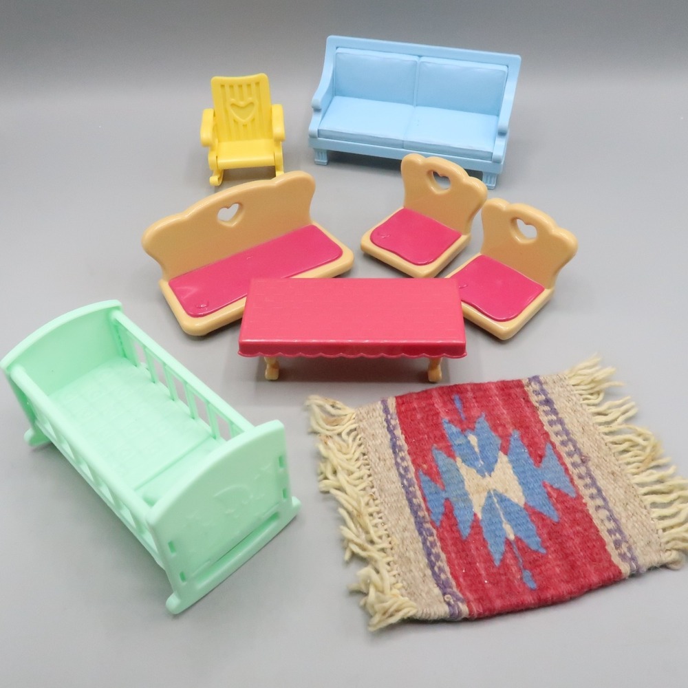 Loving Family Blue Couch Sofa Woodzeez Table Chairs Rug Crib Dollhouse Toy lot